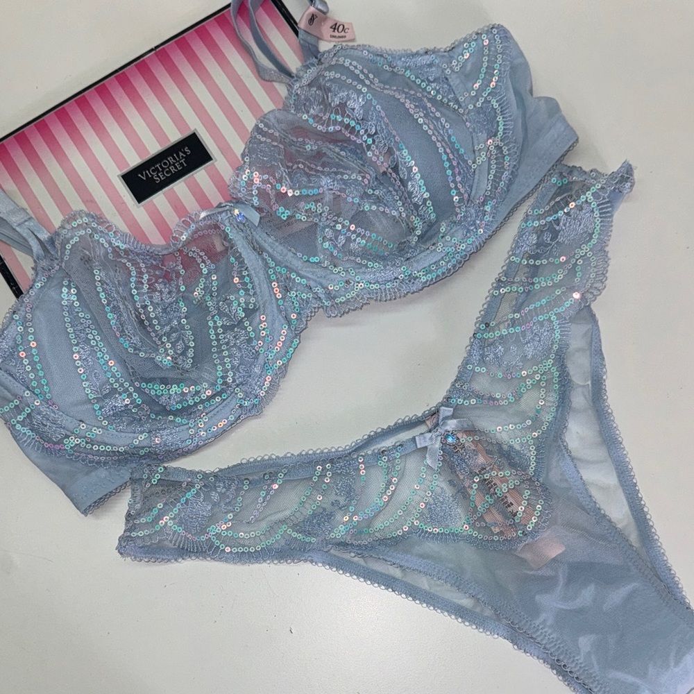 Victoria's Secret Blue Sequin Bra and Panty Set 40C pushup & L Brazilian NWT
